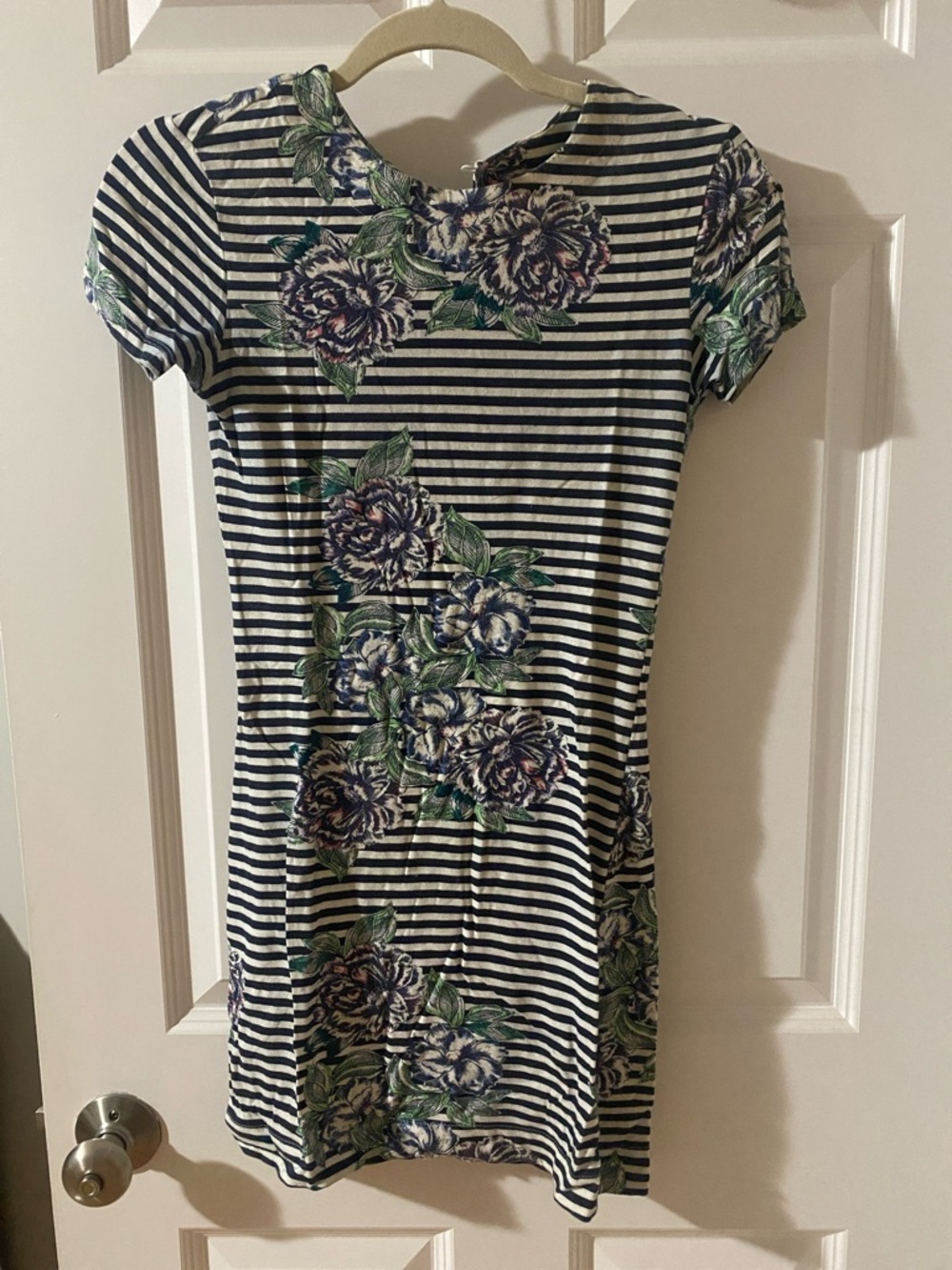French Connection Striped Navy & White Floral Short-Sleeve Bodycon Mini Dress